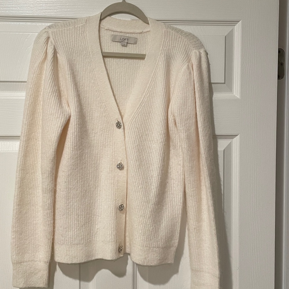 LOFT Ivory Knit Cardigan with Button Accents